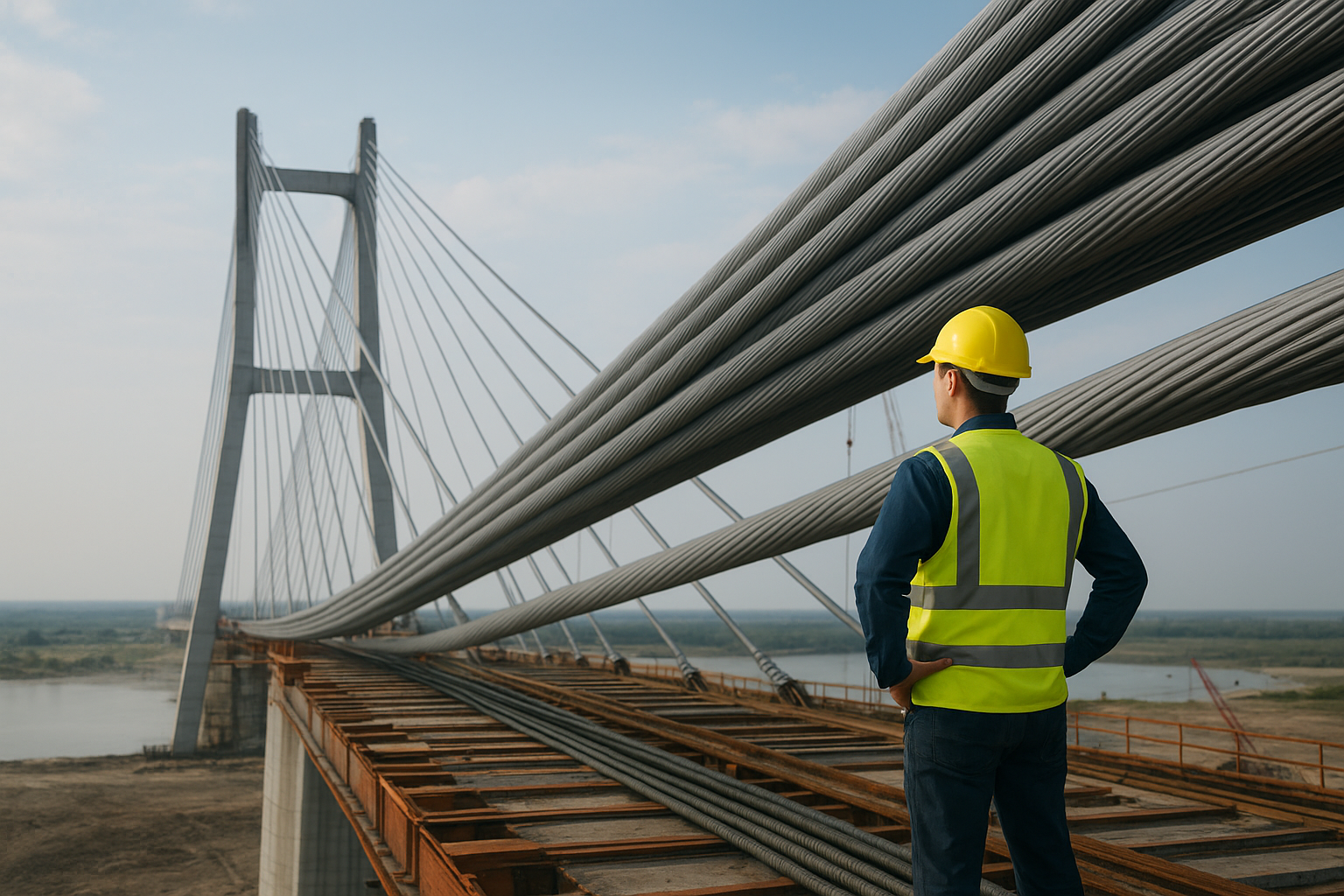 Construção da 4ª maior ponte suspensa do mundo, com seus 2.682 metros de comprimento e exigiu 85.000 toneladas de aço