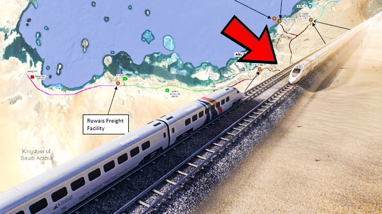 Construção da ferrovia no deserto Árabe, inovação em transporte, ligando os Emirados Árabes Unidos à Arábia Saudita