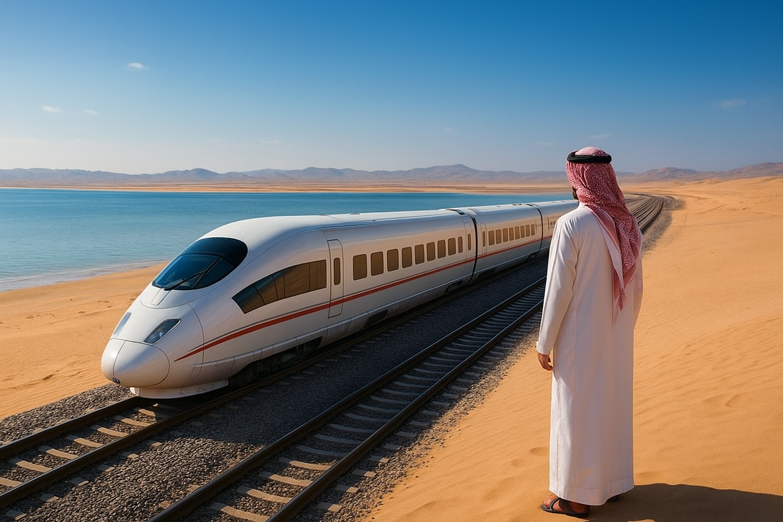 Construção da ferrovia no deserto Árabe, inovação em transporte, ligando os Emirados Árabes Unidos à Arábia Saudita