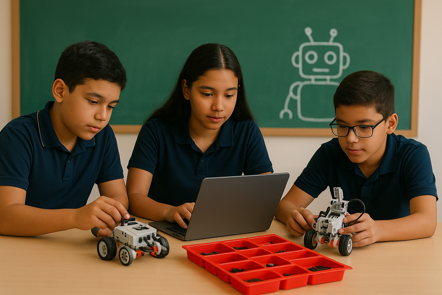 Alunos aprendem robótica de forma prática em curso no Instituto Fliegen, em Cotia.